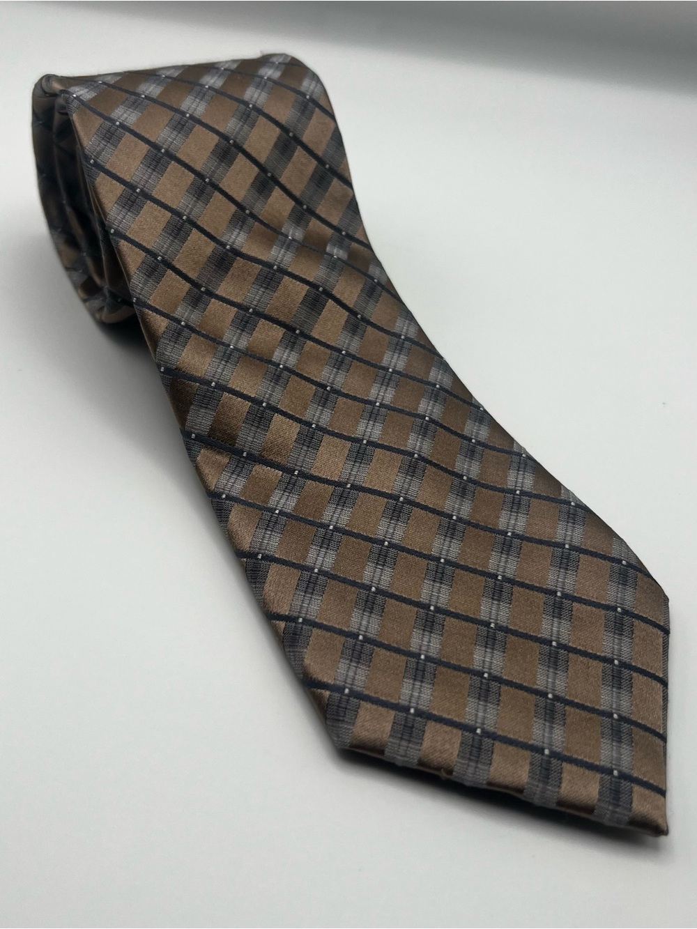 Kenneth Cole Brown and Gray Plaid Silk Tie